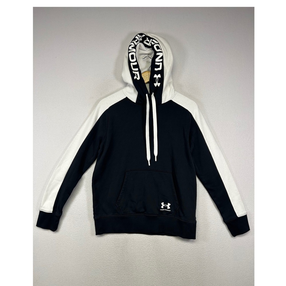 Athletic Under Armour Mens Small Black White Colorblock Branded Fleece Hoodie